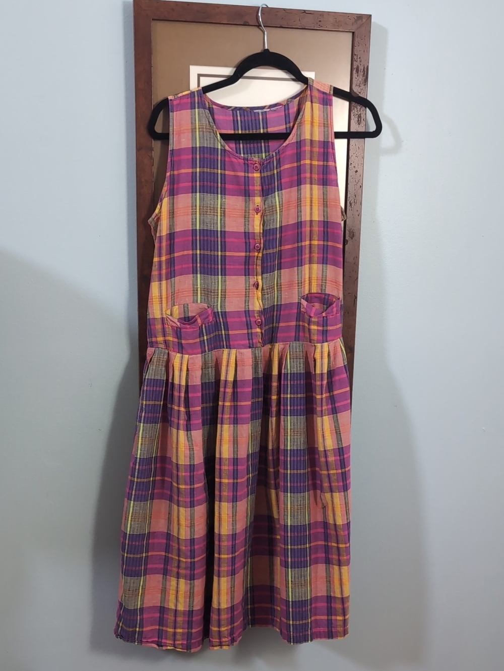 Vintage Midi Dress Plaid Sleeveless Button Up Retro Large 80s 90s